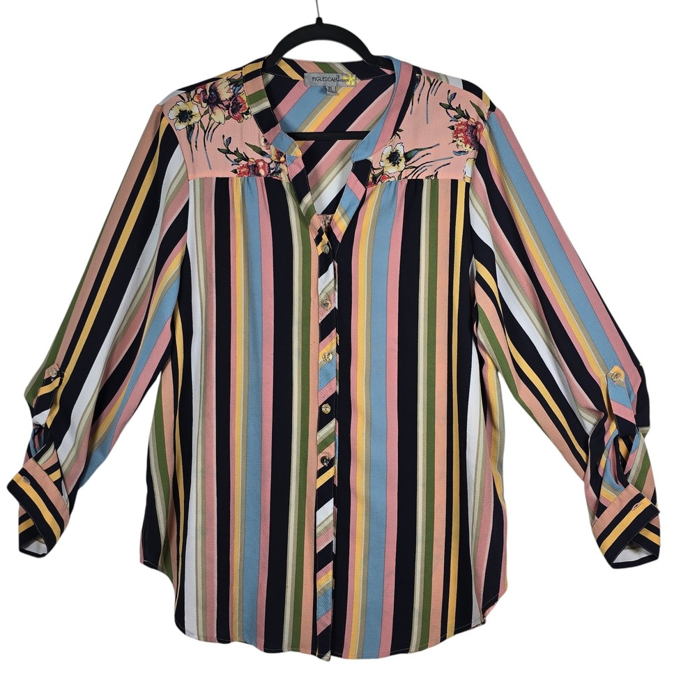 Figueroa & Flower Blouse Womens XL Multicolor Striped Floral Roll Tab Button Up